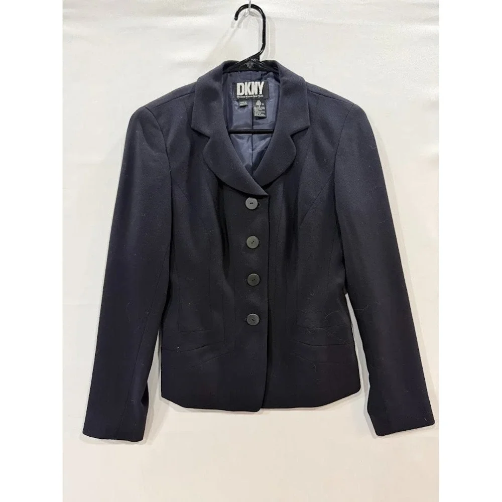Vtg 1990s DKNY Womens Size 2‎ Navy Blue Stripe Wool Button Blazer